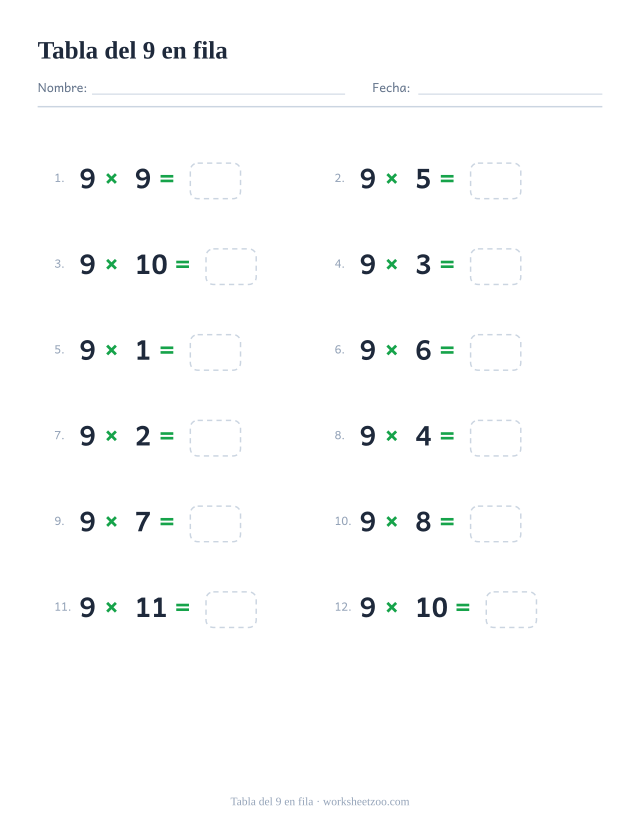 Ficha horizontal de la tabla del 9, doce multiplicaciones del 9 escritas en fila con casillas de respuesta