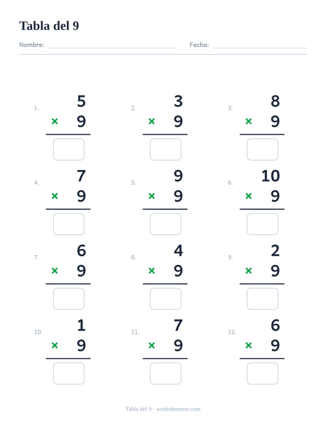 Ficha de la tabla del 9 con 12 multiplicaciones en vertical y casillas de respuesta