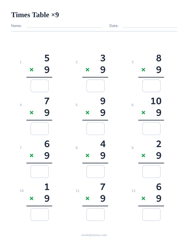Ficha de la tabla del 9 con 12 multiplicaciones en vertical y casillas de respuesta