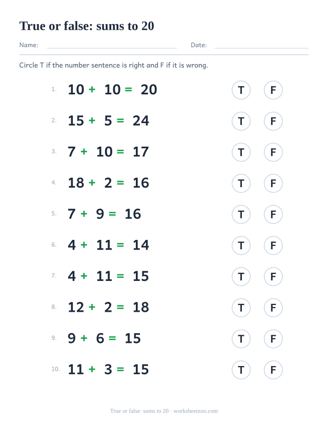True or false addition worksheet with sums to 20, half the number sentences are wrong