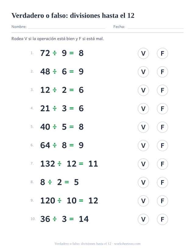 Ficha de verdadero o falso con las divisiones exactas hasta el 12 para practicar la corrección