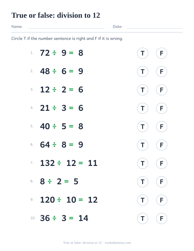 True or false division worksheet using the full division facts up to 12 for checking practice