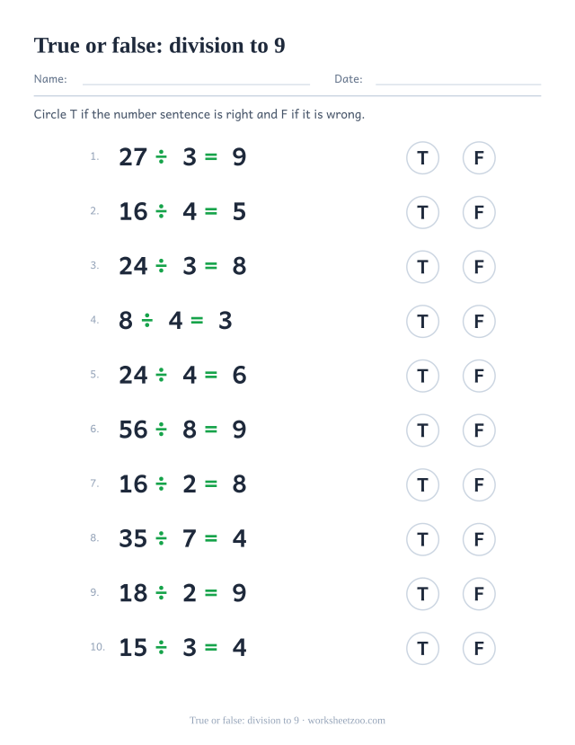 True or false division worksheet with facts from the tables to 9, half deliberately wrong