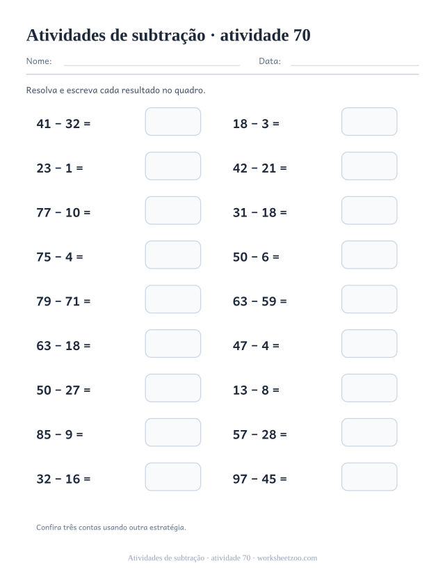 Prévia de Atividades de subtração, atividade 70 para imprimir