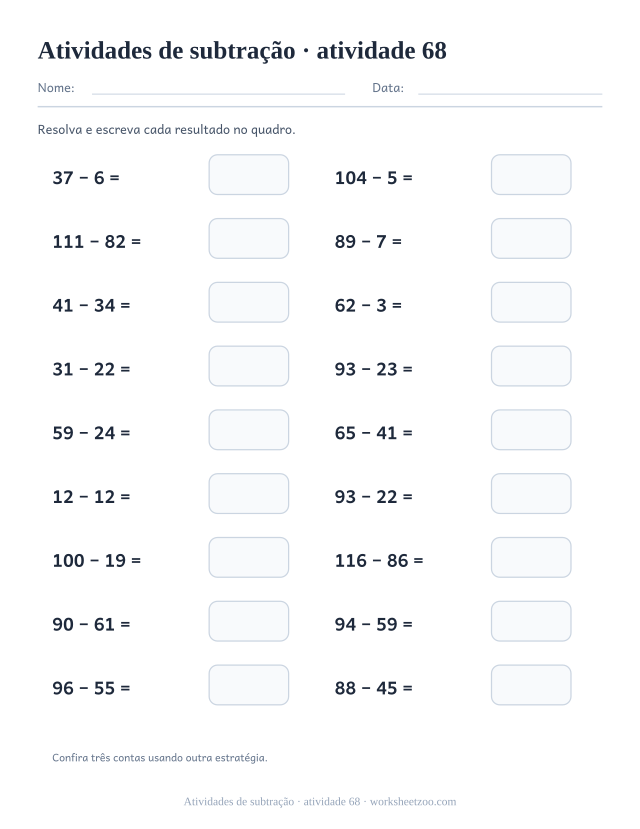 Prévia de Atividades de subtração, atividade 68 para imprimir