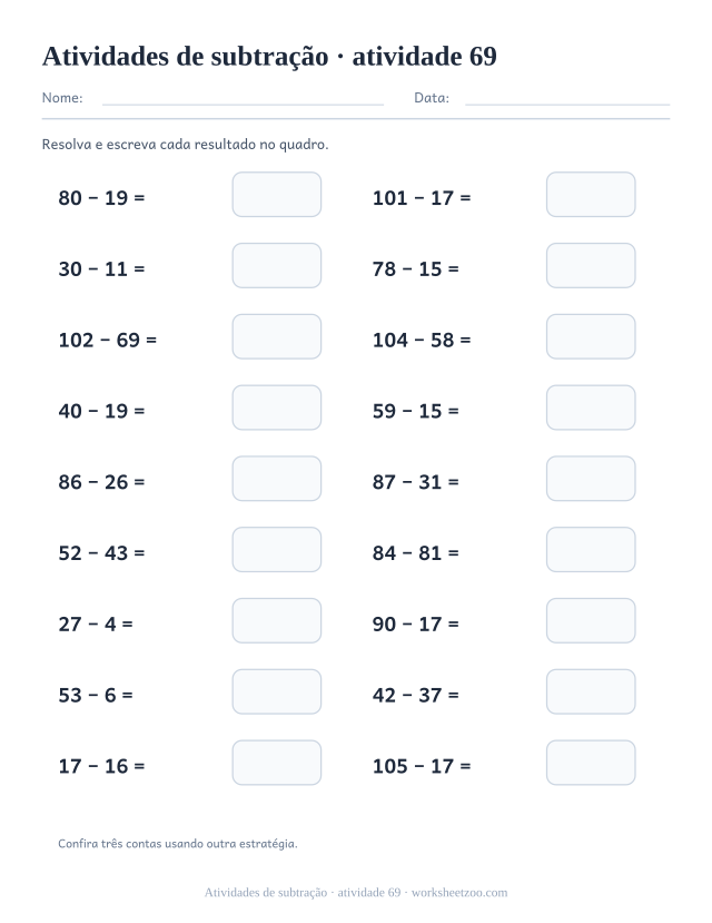 Prévia de Atividades de subtração, atividade 69 para imprimir