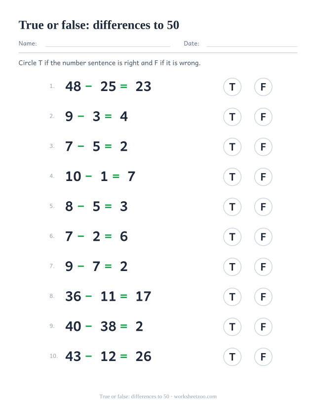 True or false subtraction worksheet with two-digit differences up to 50 to check