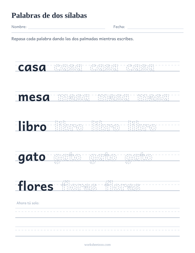 Ficha de palabras de dos sílabas, cinco palabras para repasar sobre pauta