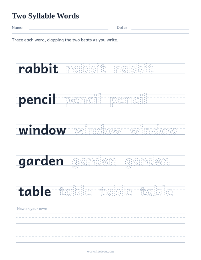 Two syllable words worksheet, five words to trace on handwriting guides