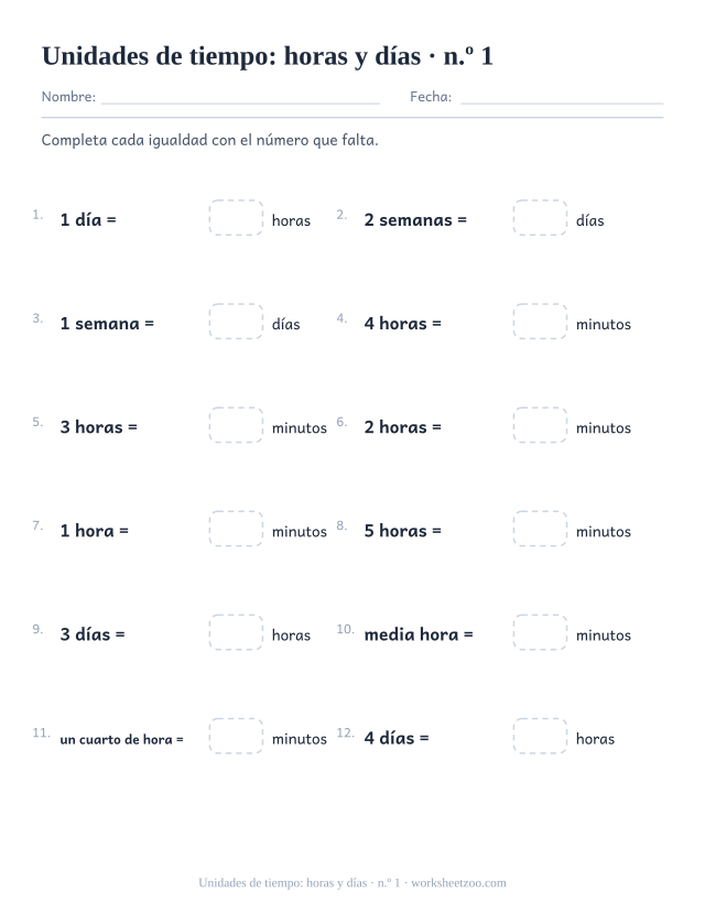 Ficha de unidades de tiempo para convertir entre minutos, horas, días y semanas
