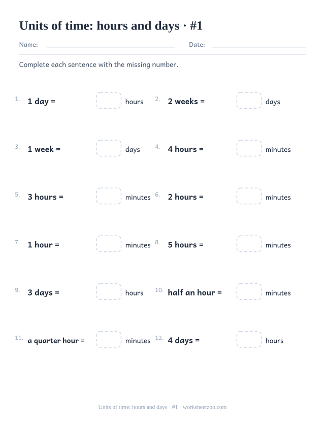 Units of time worksheet converting between minutes, hours, days and weeks