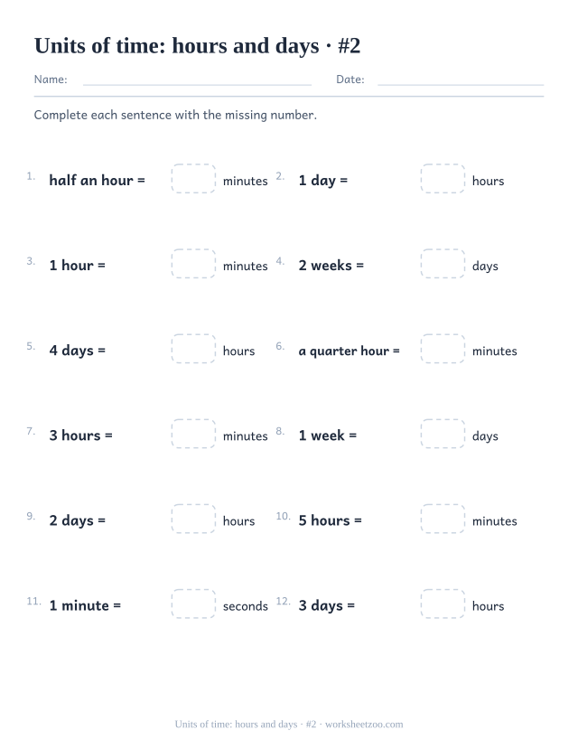 Second units of time worksheet with everyday conversions between minutes hours and days