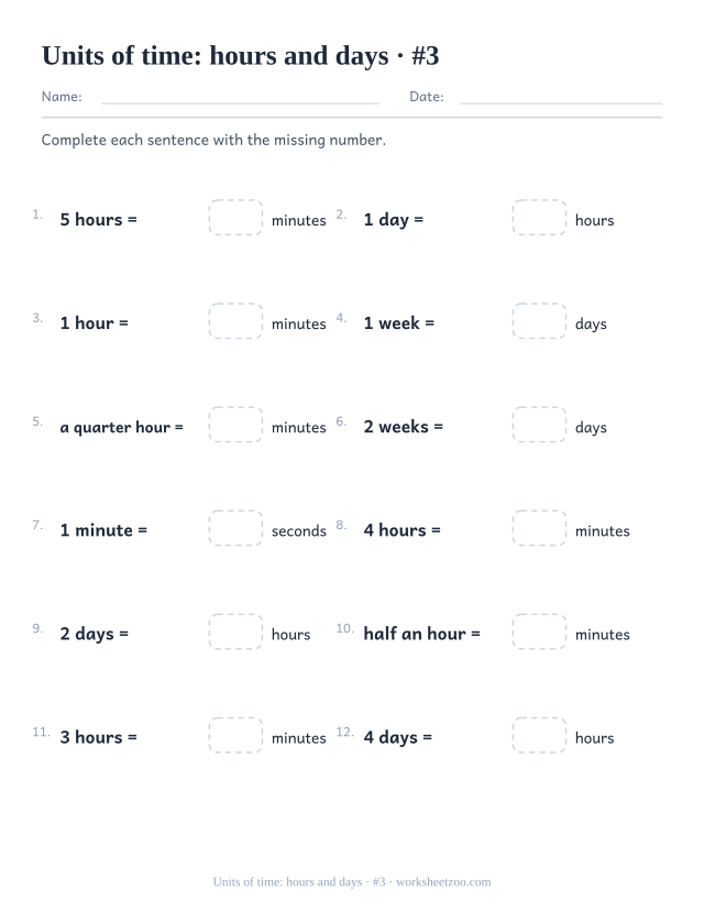 Third units of time worksheet converting hours to minutes and days to hours