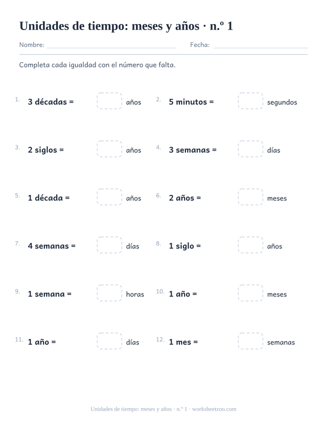 Ficha de unidades de tiempo con semanas, meses, años, décadas y siglos