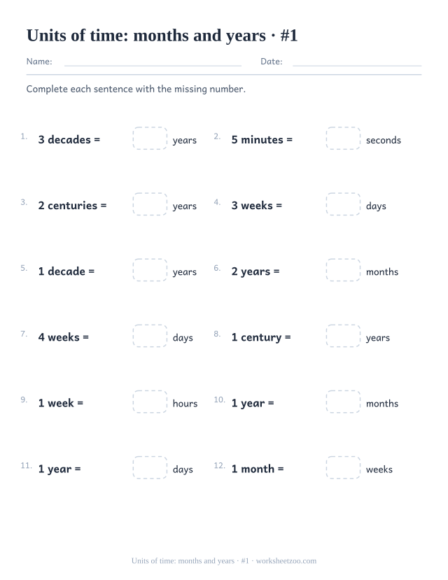 Units of time worksheet with weeks months years decades and centuries to convert