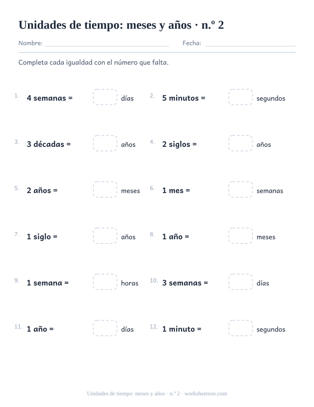 Segunda ficha de unidades de tiempo con décadas, siglos y segundos