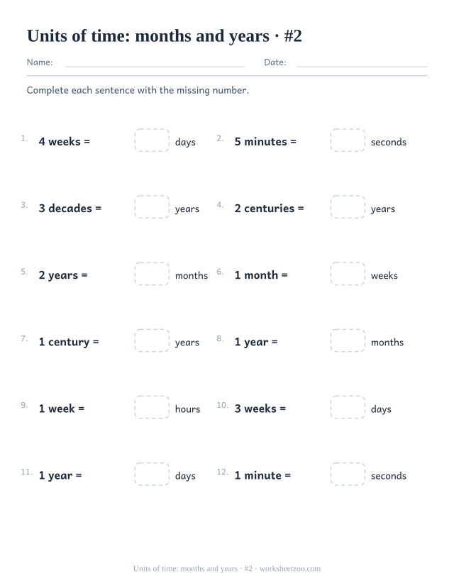 Second units of time worksheet with decades centuries and seconds to convert