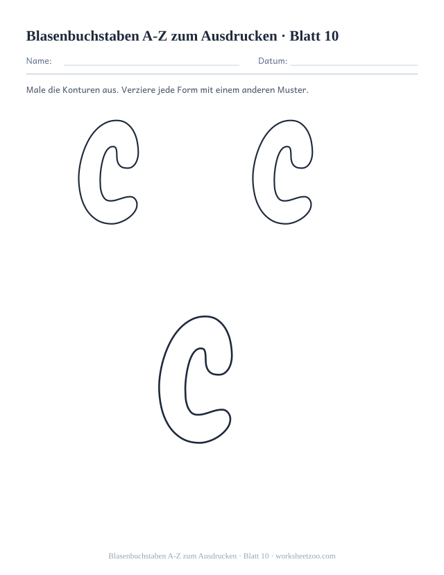 Vorschau: Blasenbuchstaben A-Z zum Ausdrucken, druckbares Arbeitsblatt 10