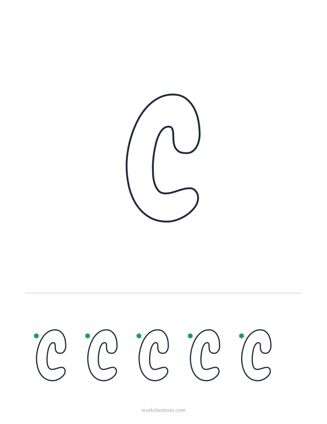 Printable uppercase bubble letter C, a big rounded outline letter to colour and trace