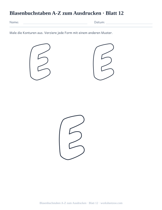 Vorschau: Blasenbuchstaben A-Z zum Ausdrucken, druckbares Arbeitsblatt 12