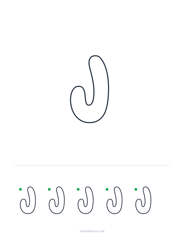 Printable uppercase bubble letter J, a big rounded outline letter to colour and trace