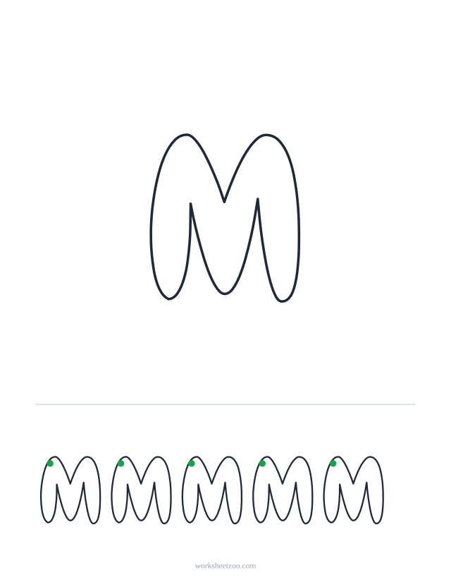 Printable uppercase bubble letter M, a big rounded outline letter to colour and trace