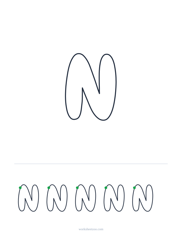 Printable uppercase bubble letter N, a big rounded outline letter to colour and trace