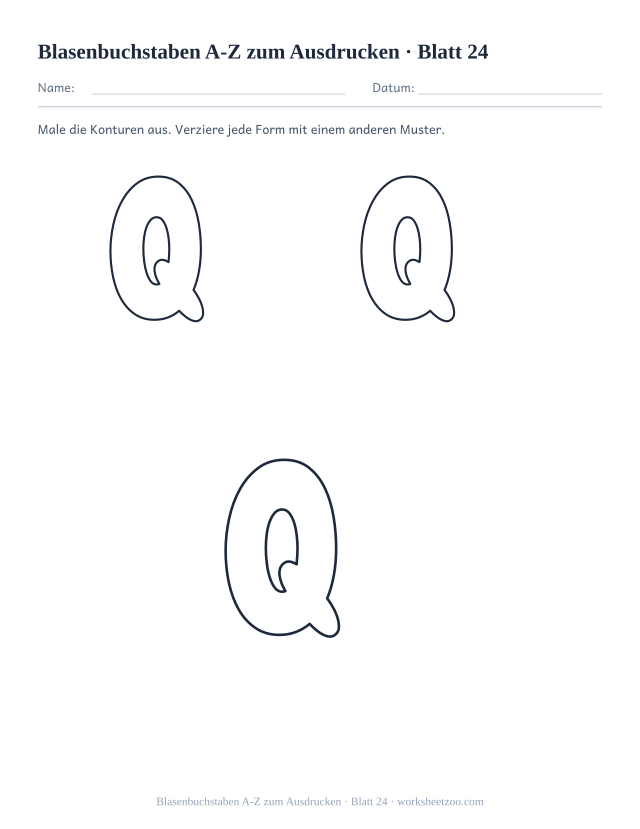 Vorschau: Blasenbuchstaben A-Z zum Ausdrucken, druckbares Arbeitsblatt 24