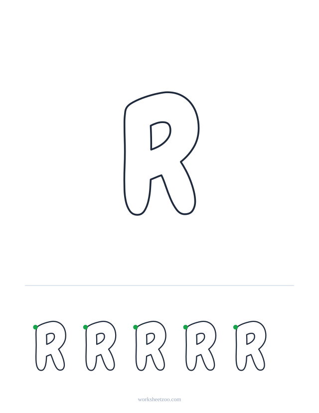 Printable uppercase bubble letter R, a big rounded outline letter to colour and trace
