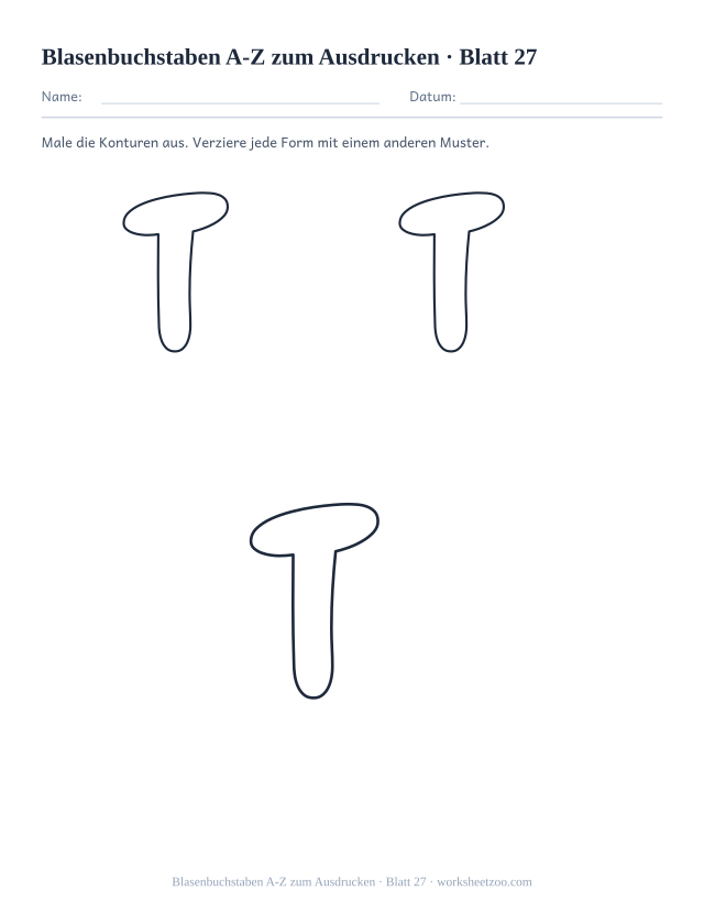 Vorschau: Blasenbuchstaben A-Z zum Ausdrucken, druckbares Arbeitsblatt 27