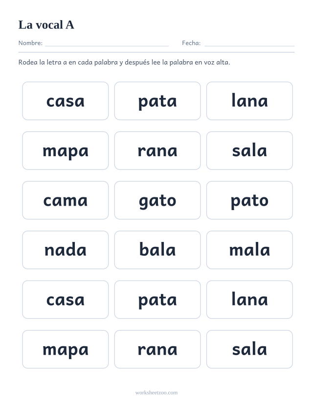 Ficha de la vocal A, dieciocho palabras con la letra a para buscarla y rodearla