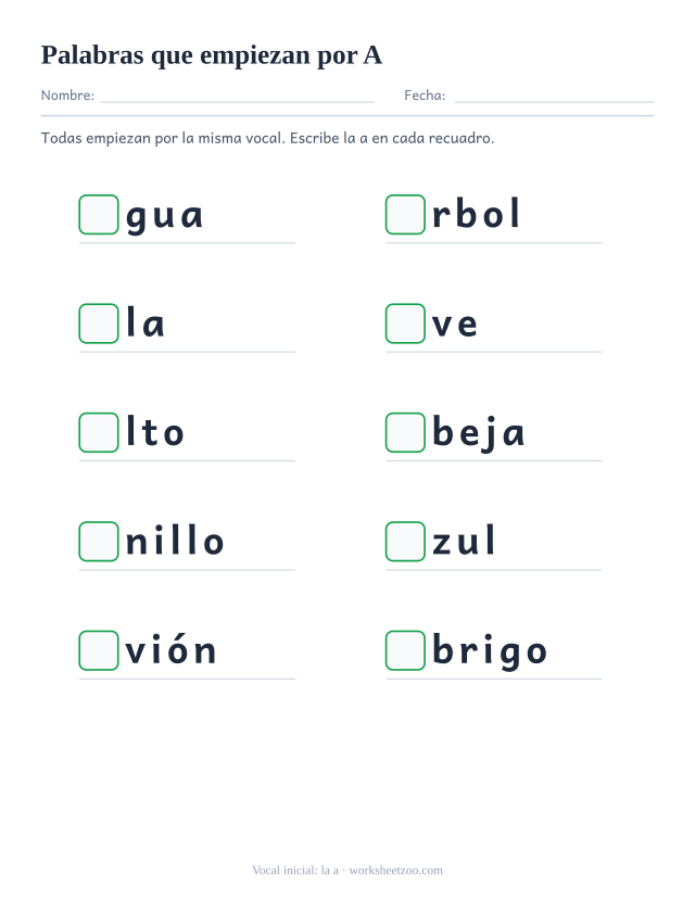 Ficha de vocal inicial con diez palabras como agua, árbol, ala y un recuadro al principio