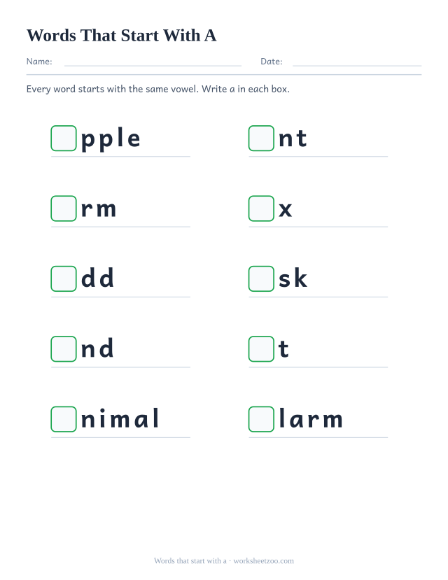 Beginning vowel worksheet, ten words such as apple, ant, arm with the opening a replaced by a box