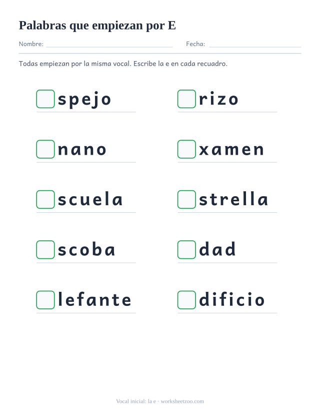 Ficha de vocal inicial con diez palabras como espejo, erizo, enano y un recuadro al principio