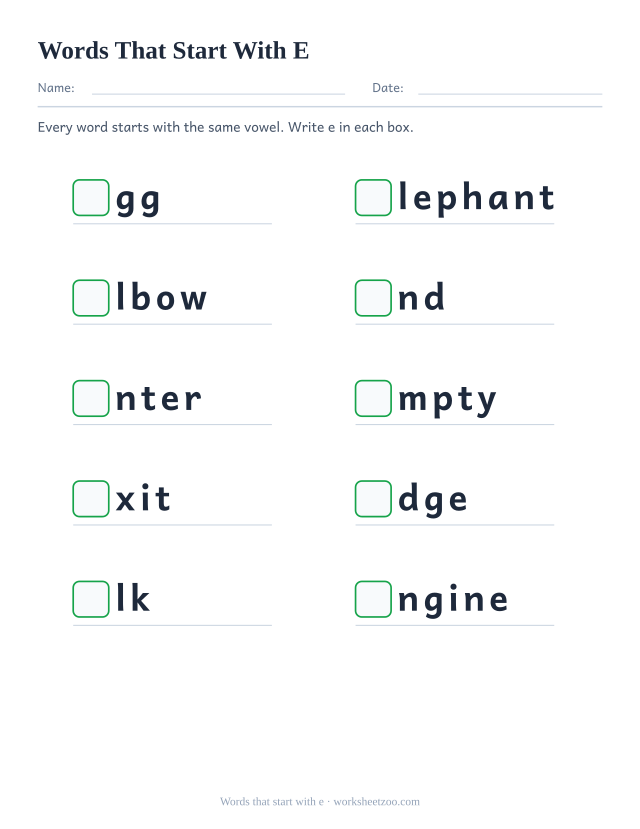 Beginning vowel worksheet, ten words such as egg, elephant, elbow with the opening e replaced by a box
