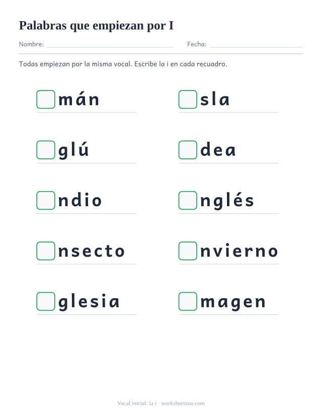 Ficha de vocal inicial con diez palabras como imán, isla, iglú y un recuadro al principio