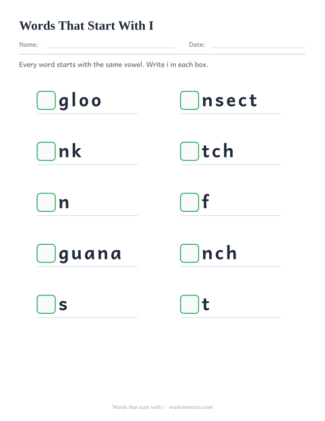 Beginning vowel worksheet, ten words such as igloo, insect, ink with the opening i replaced by a box