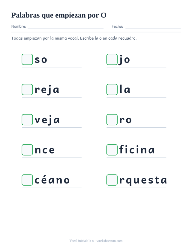 Ficha de vocal inicial con diez palabras como oso, ojo, oreja y un recuadro al principio