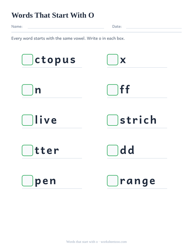 Beginning vowel worksheet, ten words such as octopus, ox, on with the opening o replaced by a box