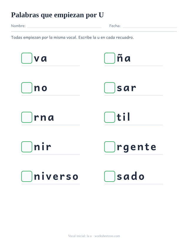Ficha de vocal inicial con diez palabras como uva, uña, uno y un recuadro al principio