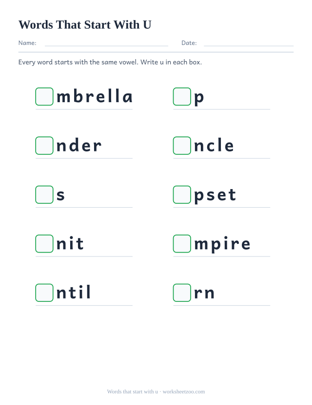 Beginning vowel worksheet, ten words such as umbrella, up, under with the opening u replaced by a box