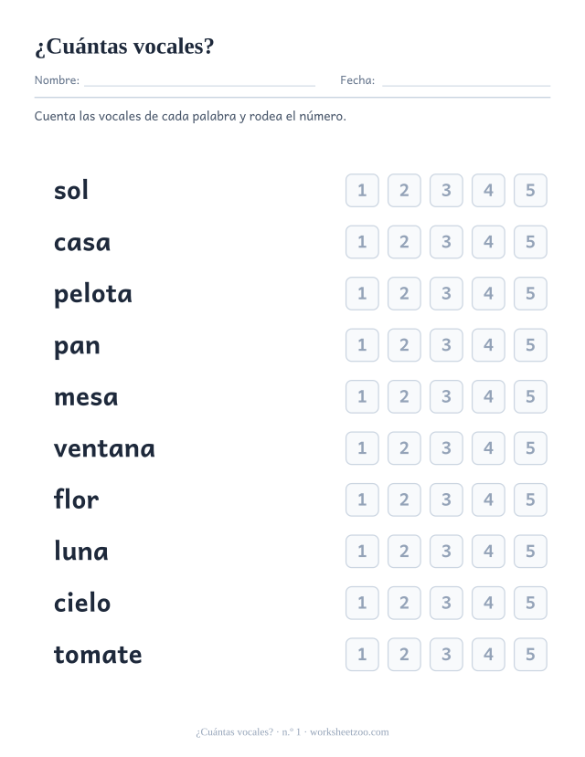 Ficha número 1 para contar vocales en palabras como sol, casa, pelota y rodear el número