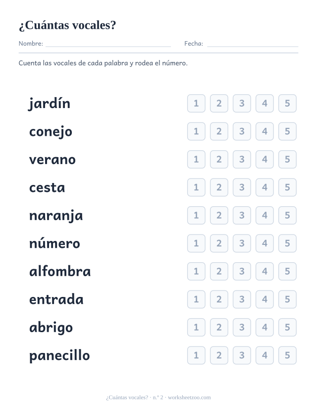 Ficha número 2 para contar vocales en palabras como jardín, conejo, verano y rodear el número