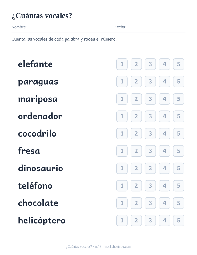 Ficha número 3 para contar vocales en palabras como elefante, paraguas, mariposa y rodear el número