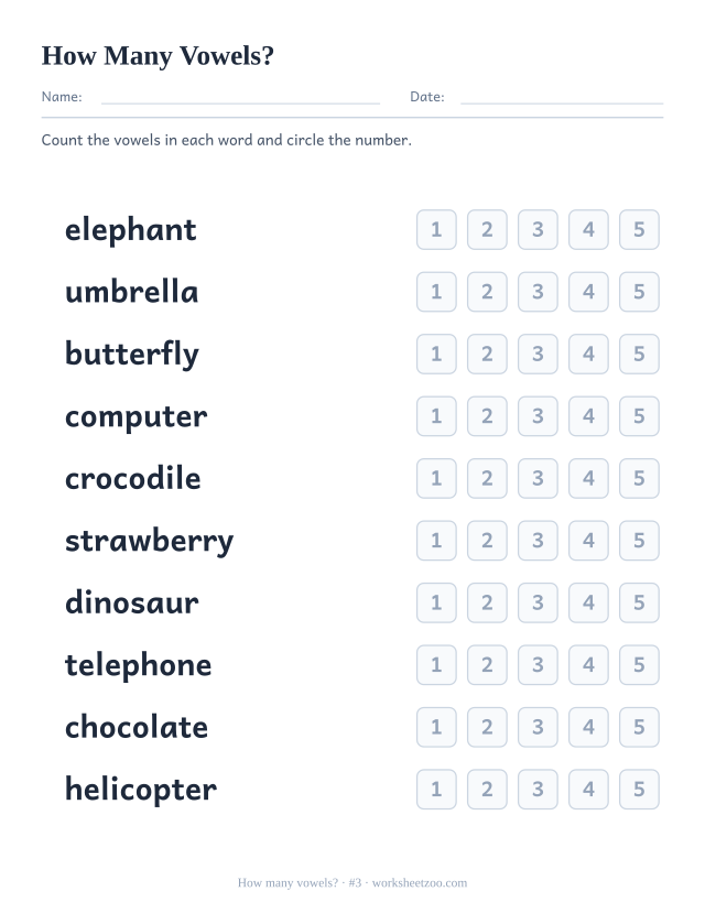 Counting vowels worksheet number 3 with words such as elephant, umbrella, butterfly and the numbers one to five to circle