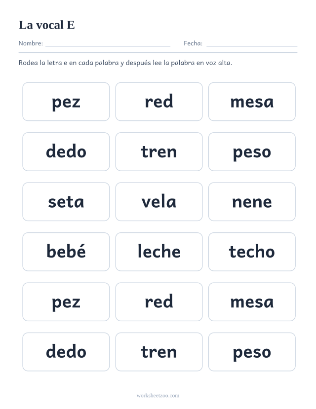 Ficha de la vocal E, dieciocho palabras con la letra e para buscarla y rodearla