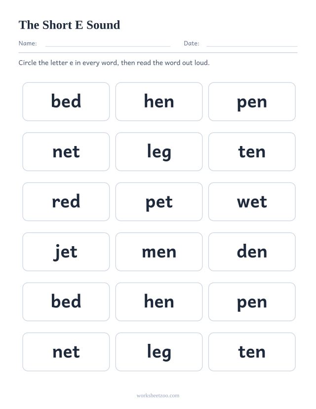 Short E vowel worksheet, eighteen words containing the letter e to find and circle
