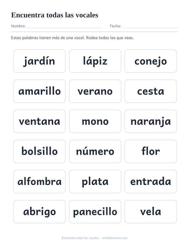 Ficha para rodear todas las vocales de dieciocho palabras largas como jardín, lápiz y conejo