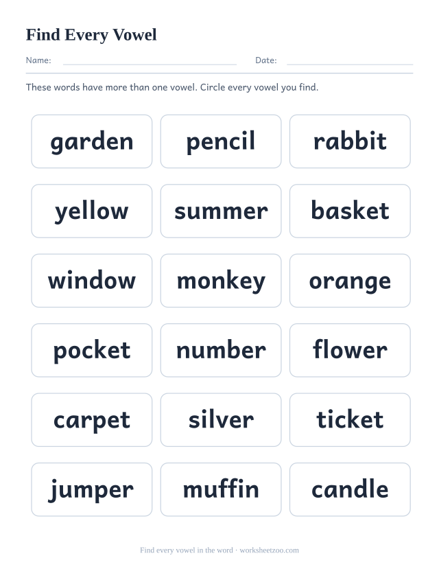 Find the vowels worksheet with eighteen longer words such as garden, pencil and rabbit, each holding several vowels