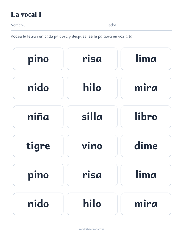 Ficha de la vocal I, dieciocho palabras con la letra i para buscarla y rodearla